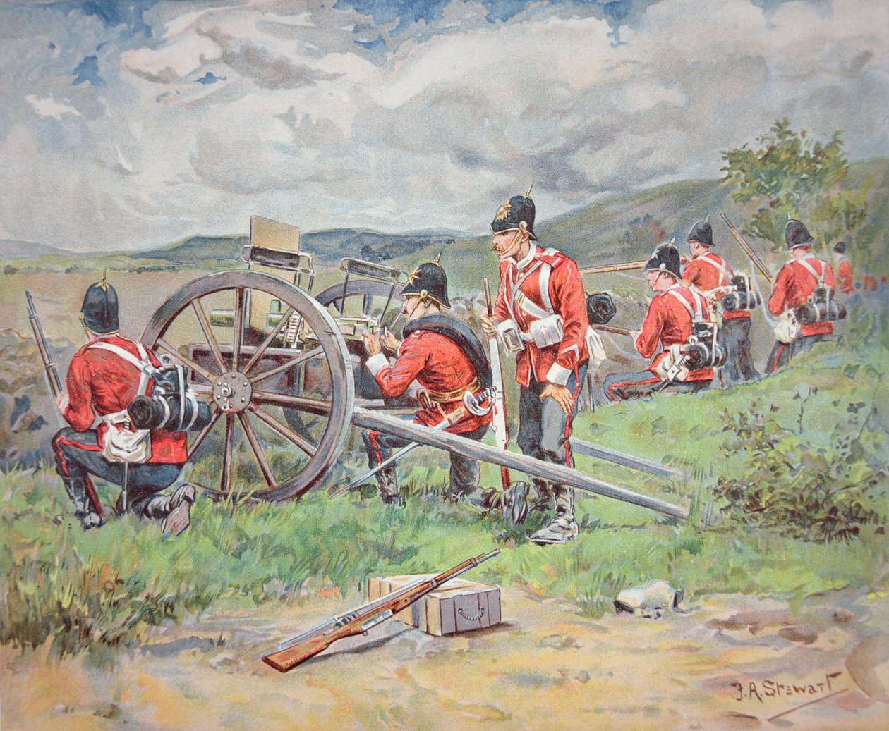 Truppe britanniche che manovrano una mitragliatrice Maxim durante le manovre da Frank Algenon Stewart