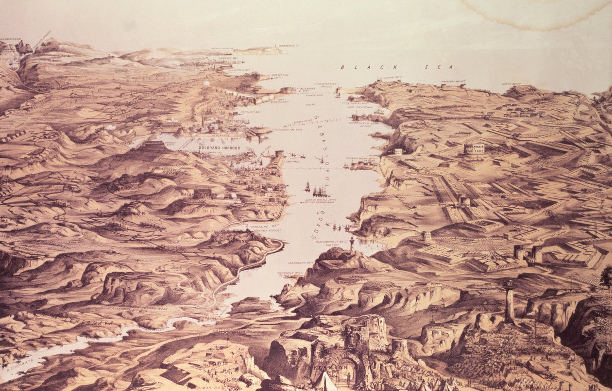 Veduta panoramica dei lati nord e sud del porto e del porto di Sebastopoli, progettata e litografata da Thomas Packer, pub. da Stannard e Dixon, 1855 da Frank C. Hughes