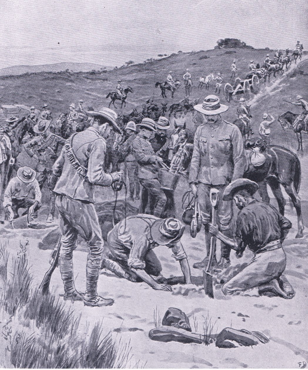 Alla ricerca di acqua, da Dopo Pretoria: La guerra di guerriglia pubblicata da Harmsworth Bros Limited, 1901 da Frank Dadd