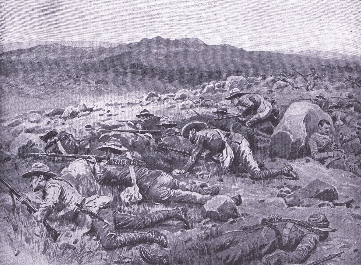 Con i Bushmen Imperiali del Queensland a Rhenoster Kop, 29 novembre 1900, illustrazione da After Pretoria: The Guerilla War, 1902 da Frank Dadd