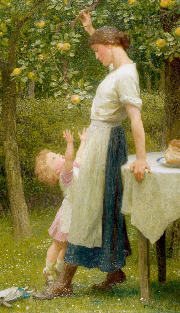 "Figlie di Eva" Una bambina cerca di afferrare una mela su un ramo. Acquerello di Frank Dicksee (1853-1928) 1925 Collezione privata da Frank Dicksee