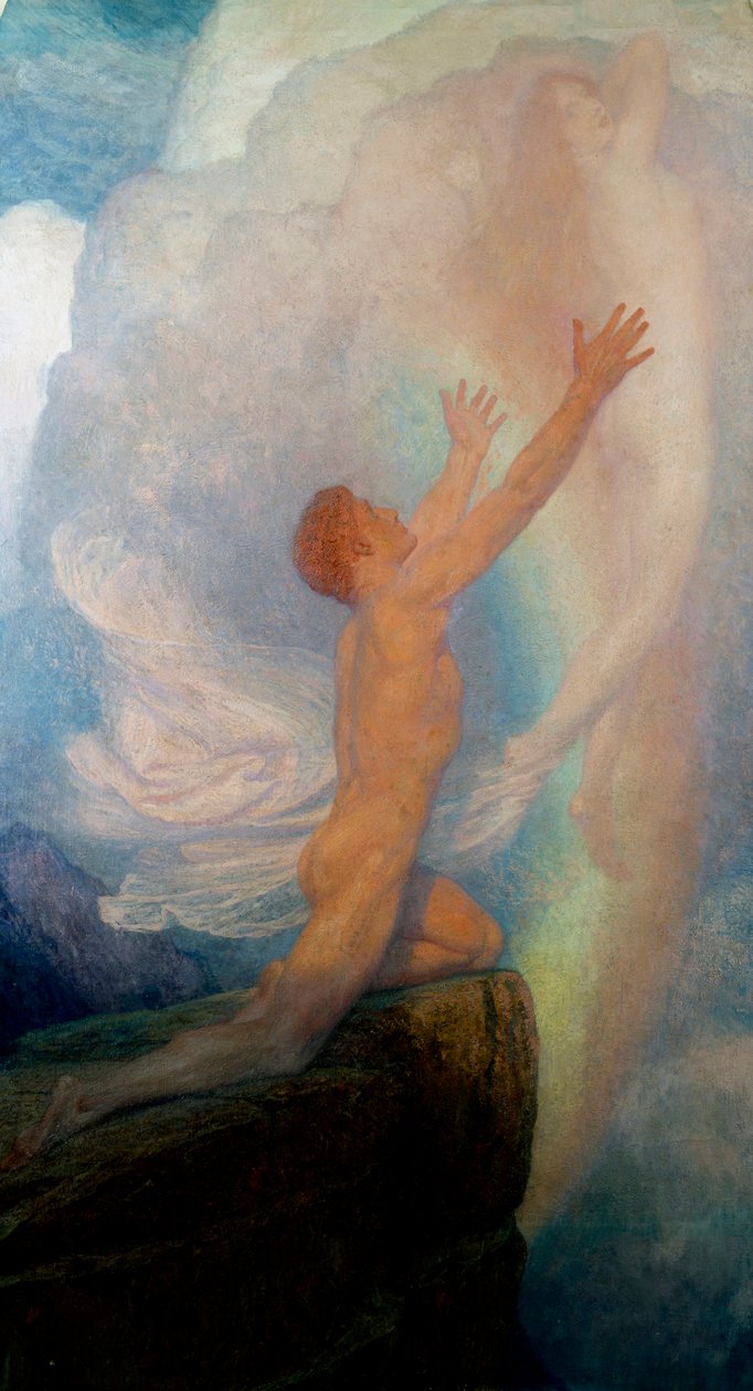 "Alla ricerca della verità" è una rappresentazione allegorica della ricerca della verità, con un uomo in cima a una montagna che cerca di catturare una figura femminile evanescente. Dipinto di Frank Dicksee (1853-1928) (preraffaellita) da Frank Dicksee