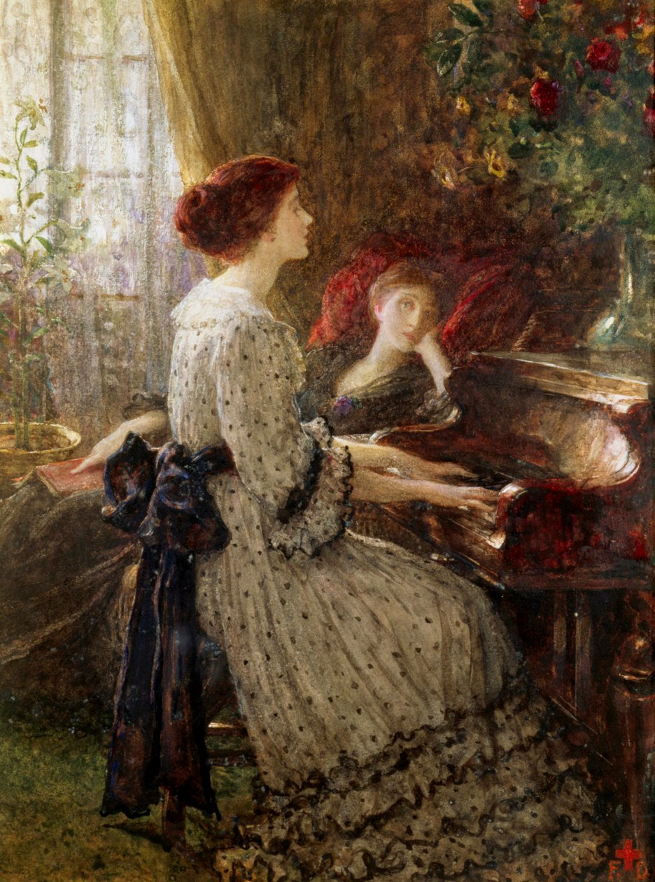 "Old Songs" Due donne in un interno vittoriano della classe media, una suona il pianoforte mentre l