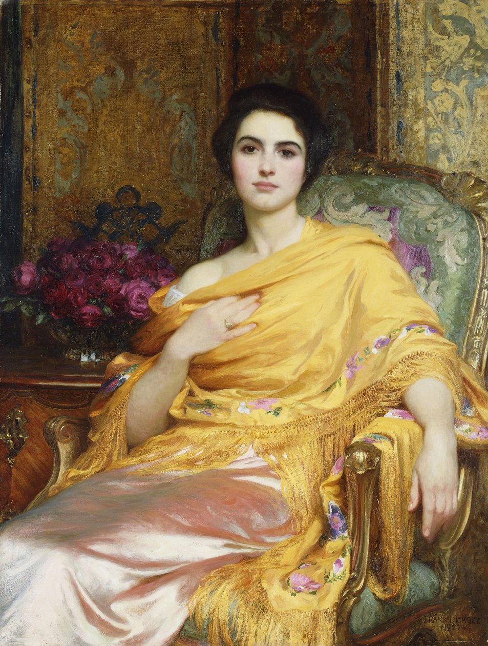 Ritratto di Elsa, figlia di William Hall, a tre quarti, seduta con un vestito rosa e uno scialle giallo, 1927 da Frank Dicksee