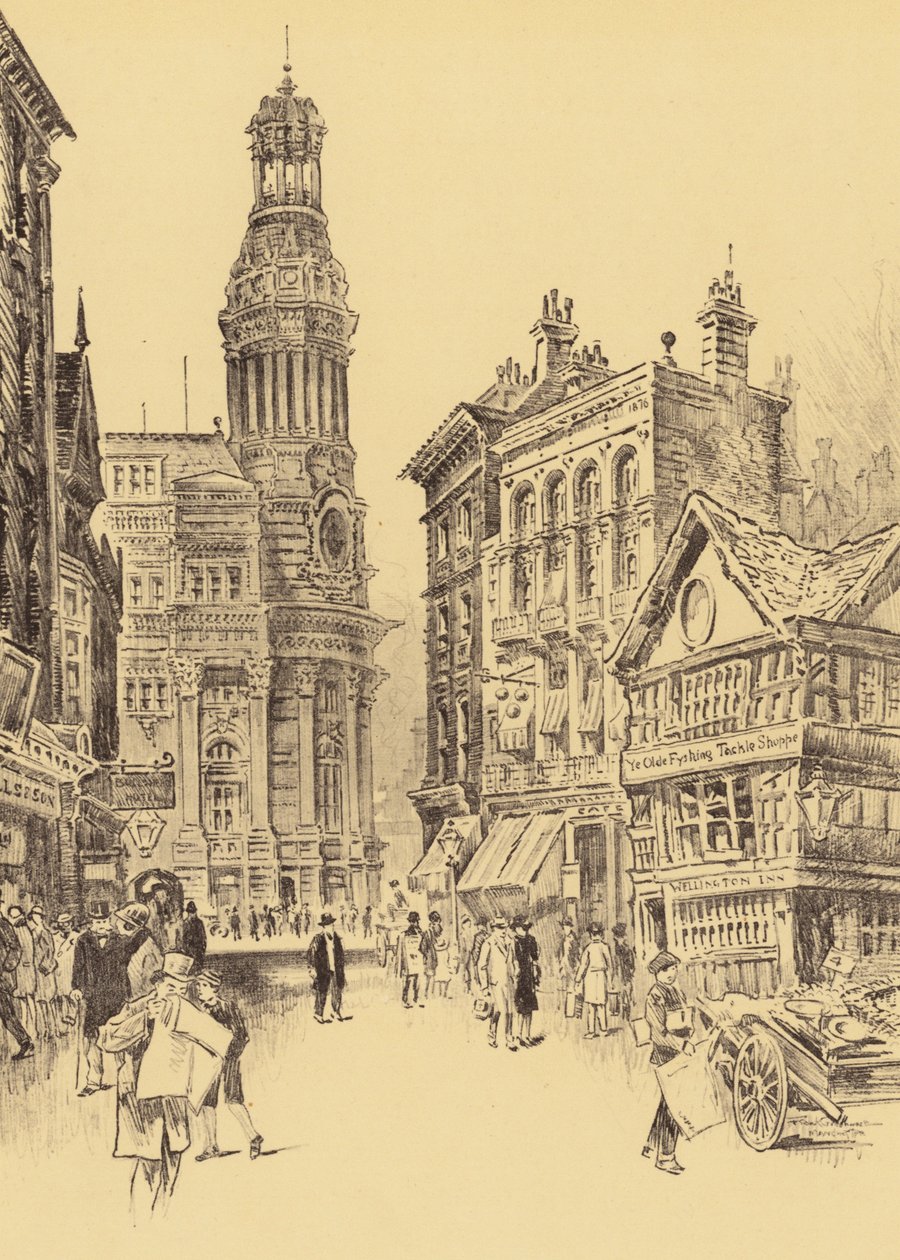 Manchester, The Royal Exchange e Old Market Place (litografia) da Frank Greenwood