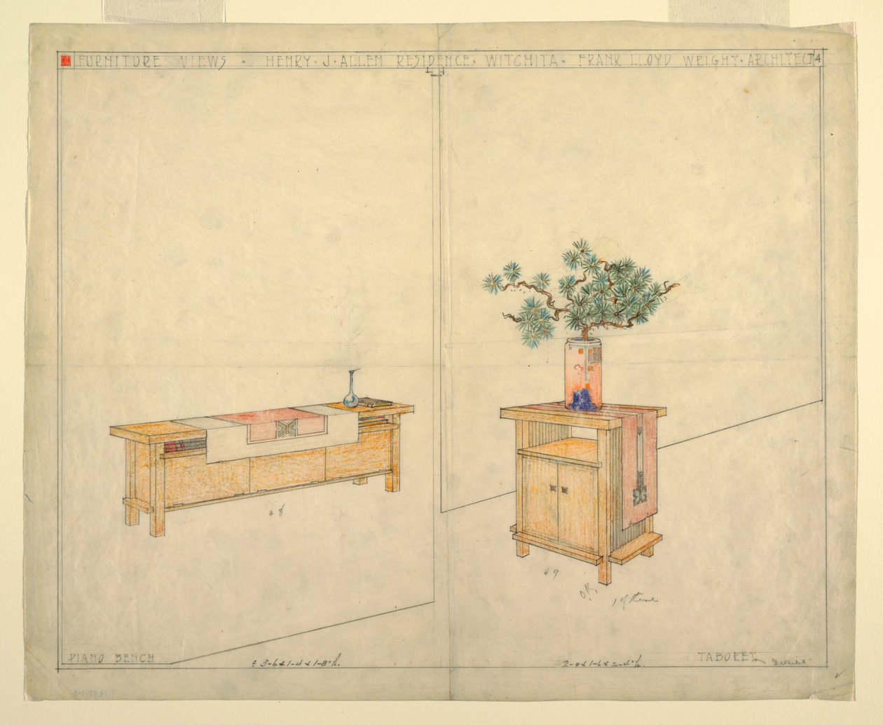 Panca per pianoforte e taboretto, residenza di Henry J. Allen, Wichita, KA da Frank Lloyd Wright