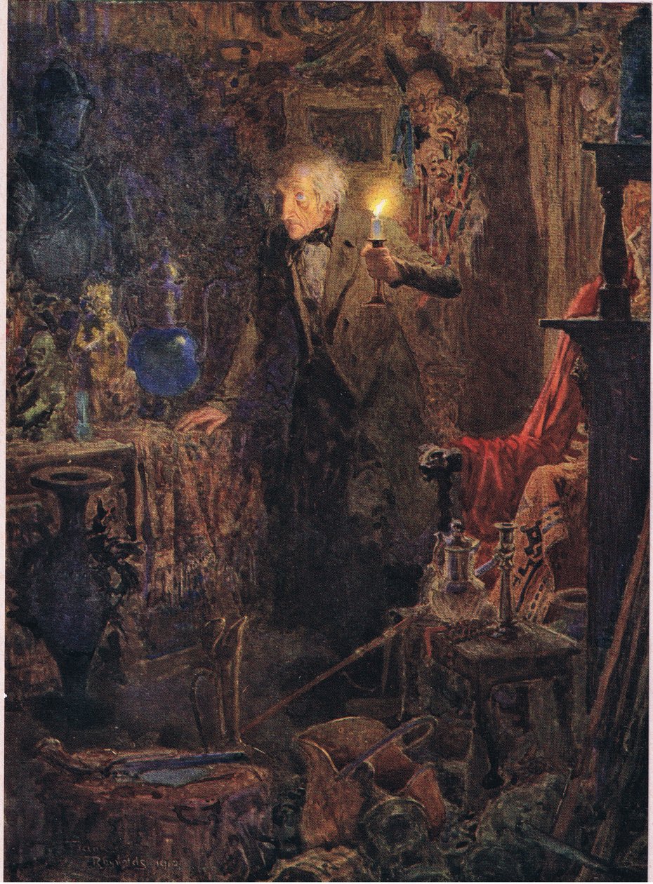 Era un vecchietto, con lunghi capelli grigi, il cui volto e figura, mentre teneva la luce sopra la testa e guardava davanti a sé, c.1920 da Frank Reynolds