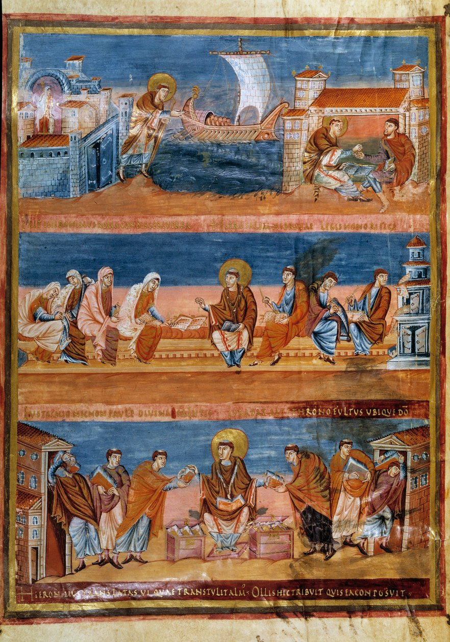 San Girolamo lascia Roma e paga il suo maestro a Gerusalemme (in alto), lavora con i suoi scribi (al centro) e distribuisce la Vulgata (in basso). Miniatura nella "Prima Bibbia di Carlo il Calvo, conosciuta anche come la Bibbia di Vivien" (Folio 3v), 845-8 da Frankish School