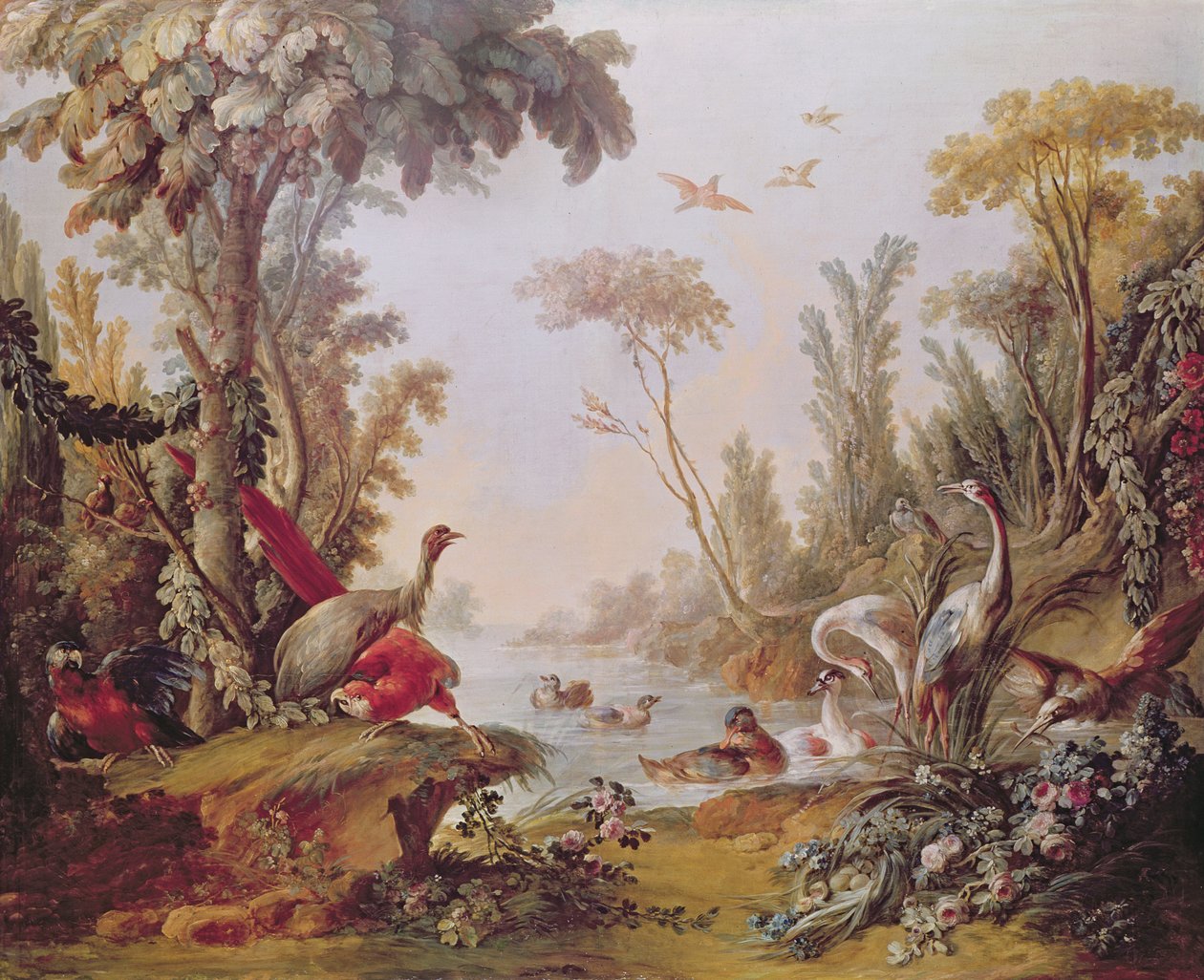 Lago con oche, cicogne, pappagalli e aironi, dal Salone di Gilles Demarteau (1722-76) c.1750-65 da François Boucher