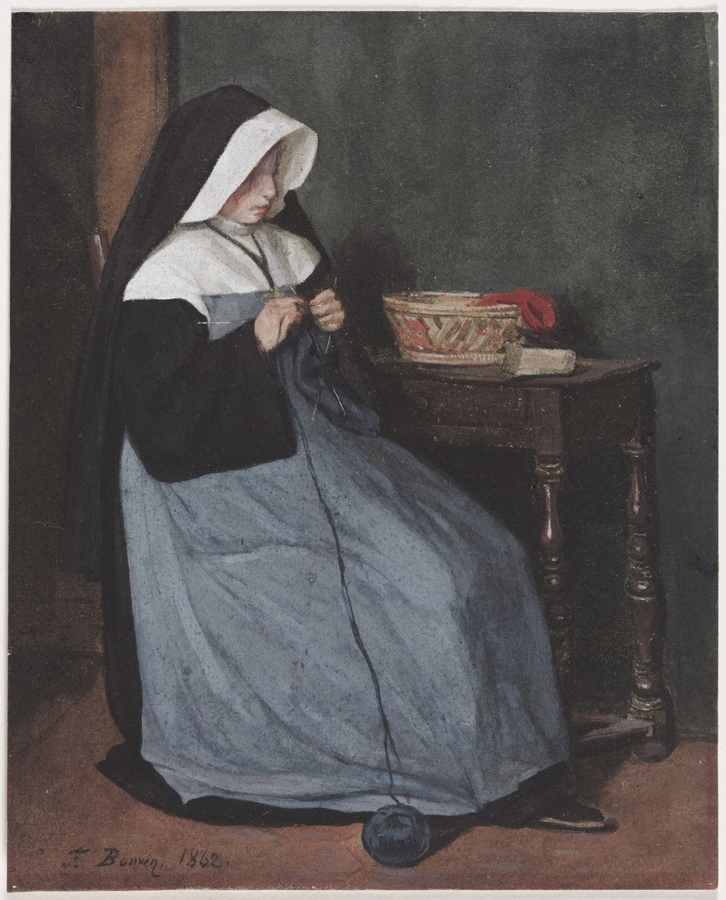 Una suora seduta a un tavolo che lavora a maglia, 1862 da François Bonvin