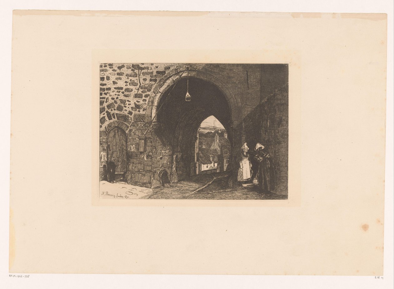 Vista sulla Porte de St. Malo a Dinan (Dix Eaux-fortes, disegnate e incise da F. Bonvin, Peintre) da François Bonvin