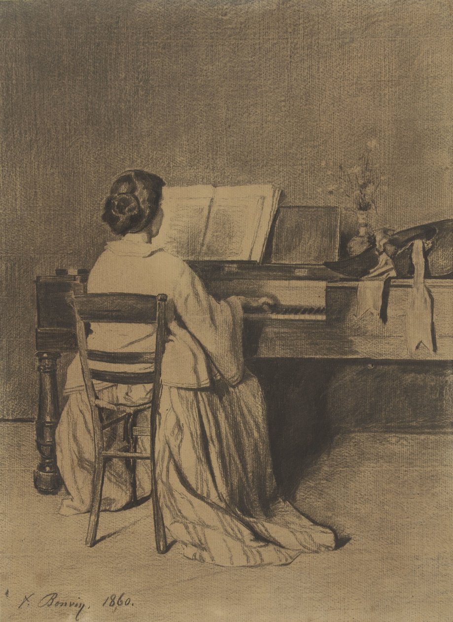 Donna al pianoforte vista di spalle da François Bonvin