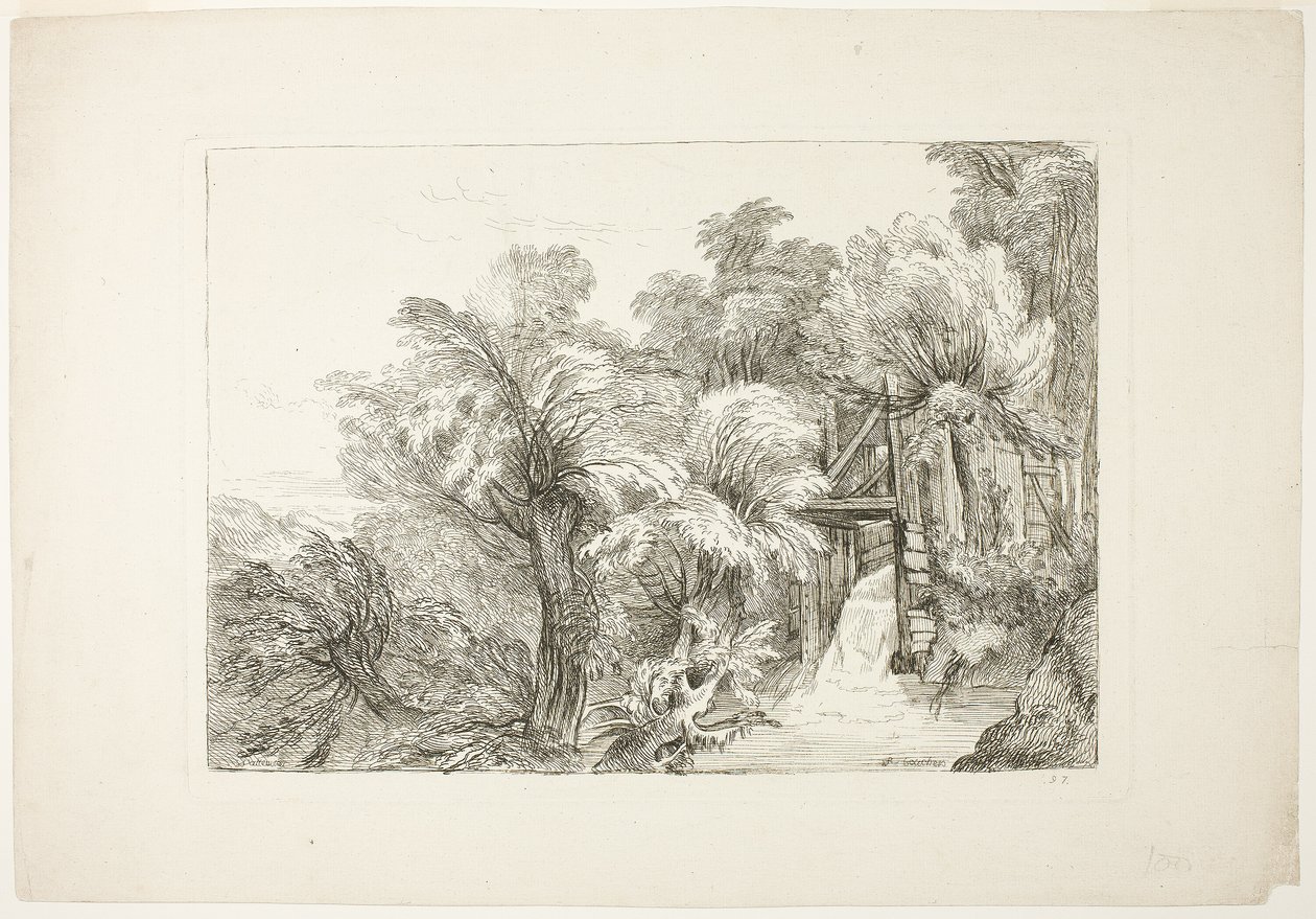 Una chiusa di mulino in mezzo ai salici, tavola 97 da figure di personaggi diversi, paesaggi e studi tratti dalla natura da François Boucher