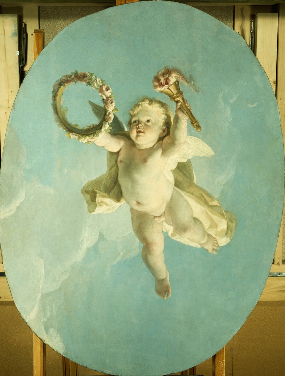 Un putto in volo che tiene una corona e una torcia da François Boucher