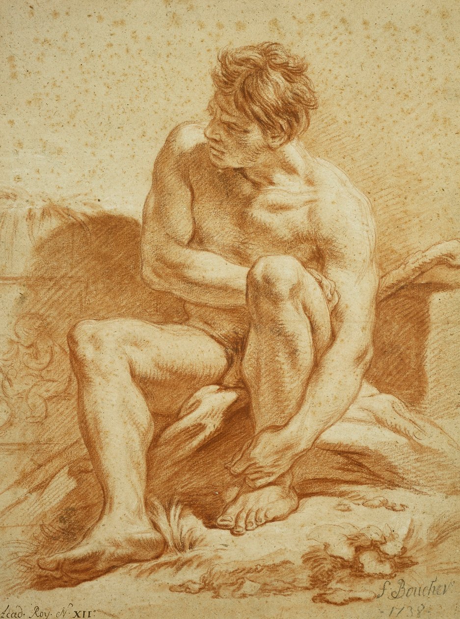 Un nudo seduto con un bastone, un rilievo con putti a sinistra da François Boucher