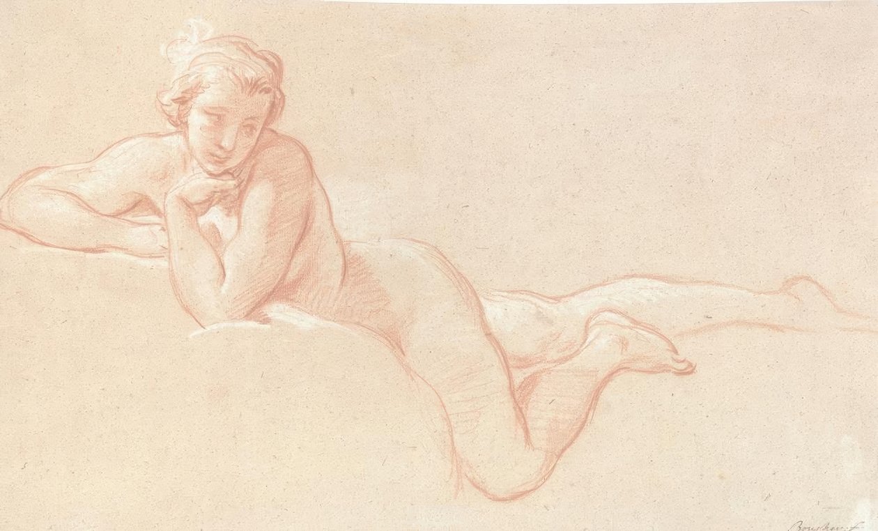 Studio di nudo di una donna sdraiata sulle nuvole, con il mento appoggiato sulla mano sinistra da François Boucher