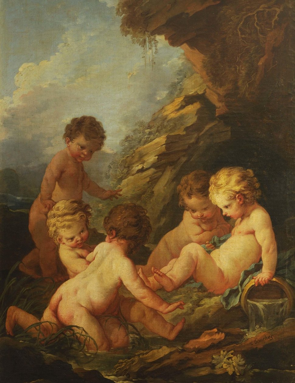 Boucher - Cinque bambini nudi che giocano vicino a una piscina rocciosa, 1730-1735 da François Boucher