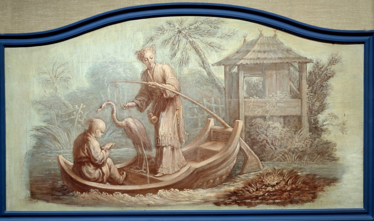 Chinoiserie: Scena di pesca in Cina. Frontone disegnato da François Boucher (1703-1770) da François Boucher