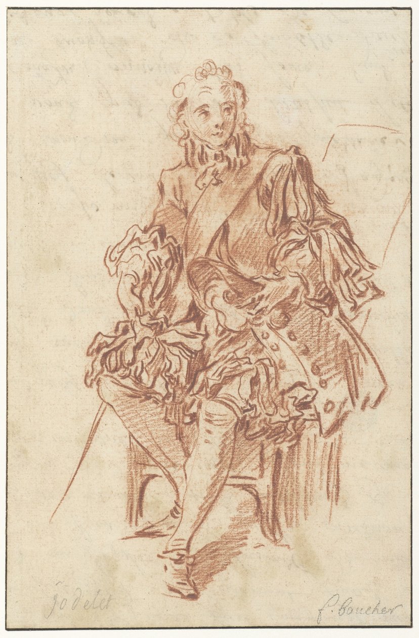 Jodelet seduto su una sedia (illustrazione di Les Précieuses Ridicules) da François Boucher