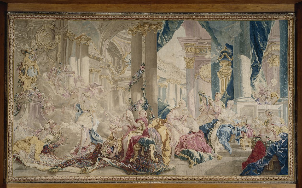 Manufacture de Beauvais - Psiche condotta da Zefiro nel palazzo di Amore e Psiche che mostra la sua ricchezza alle sorelle, dopo il 1741 da François Boucher