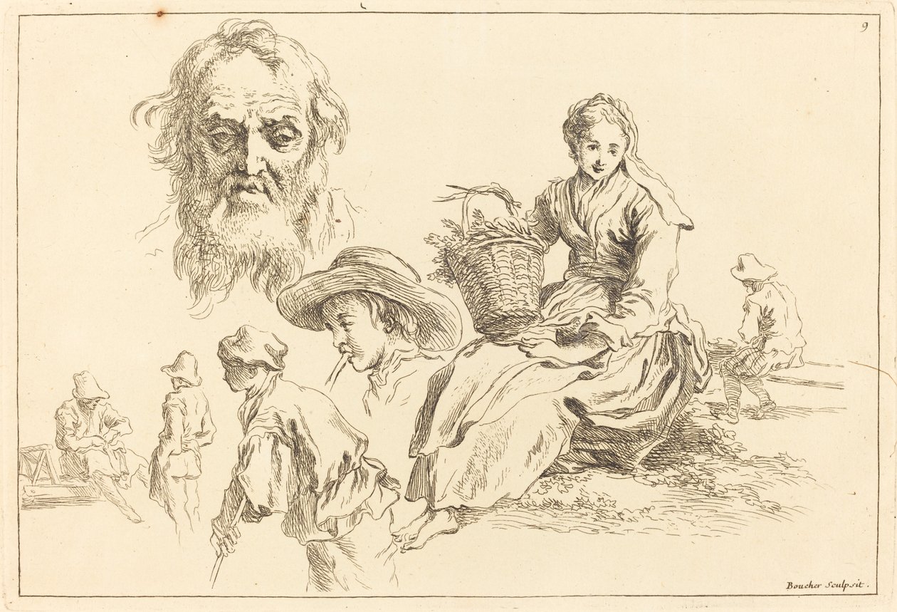 Studi di figure inclusa la faccia barbuta di un vecchio da François Boucher after Abraham Bloemaert