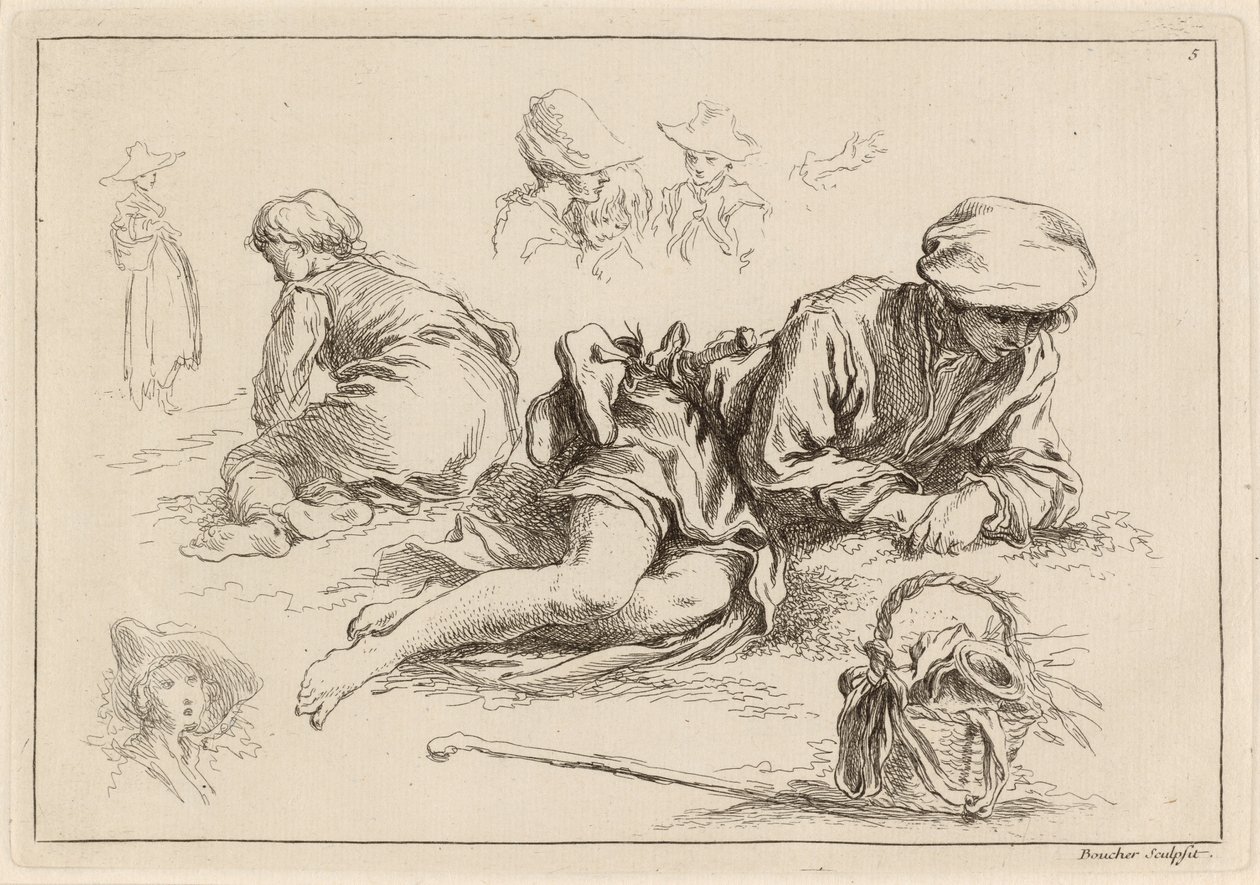 Studi di figure, incluso ragazzo sdraiato da François Boucher after Abraham Bloemaert
