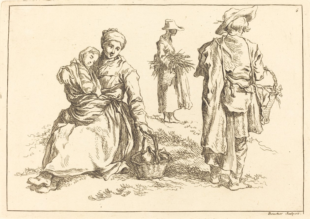 Madre seduta e bambino, due contadini in piedi da François Boucher after Abraham Bloemaert