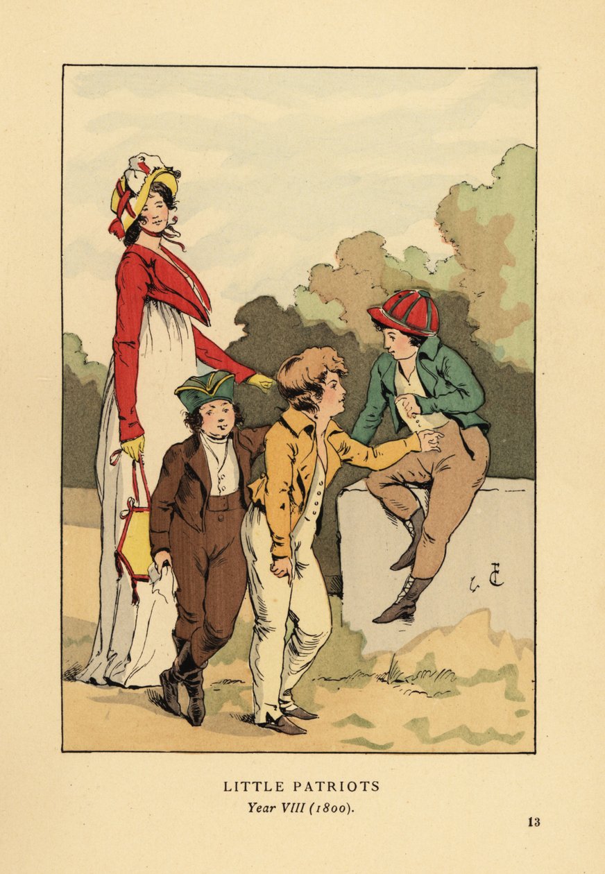 Ragazzi con giacche e pantaloni con Merveilleuse in abito romano con berretto e giacca spencer. Piccoli Patrioti, Anno VIII da François Courboin