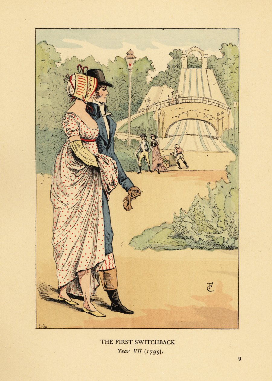 Coppia alla moda sulle montagne russe russe, Les Montagnes Russes a Belleville, costruite nel 1812 da François Courboin