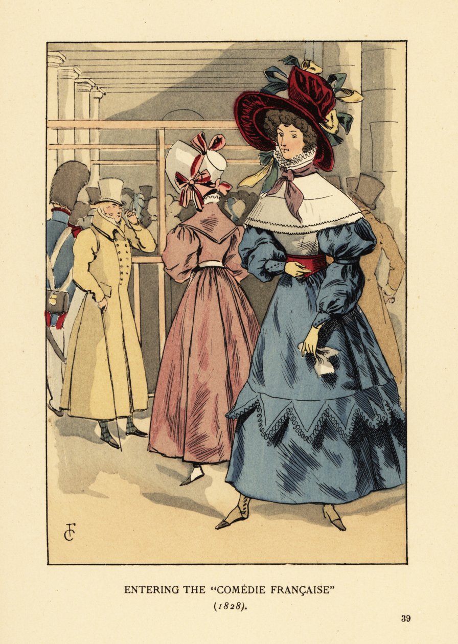 Donne alla moda a uno spettacolo, Parigi. Donna con grande cappello con nastri, vestito con colletto alto, mantella di pizzo o pelerine e maniche ampie en beret. Entrando alla Comedie Francaise da François Courboin