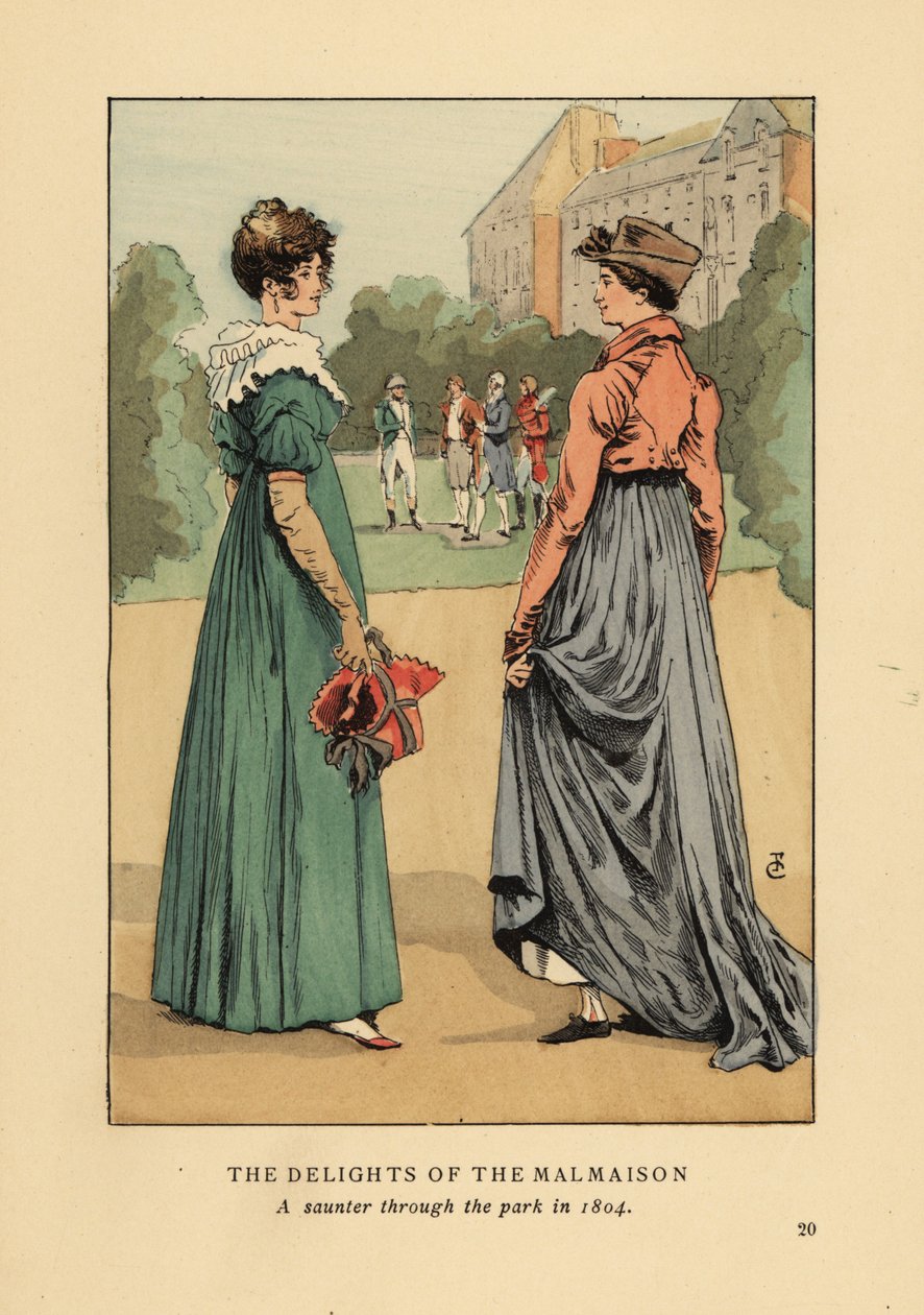 Donne alla moda che si godono le delizie del Chateau de Malmaison. Una passeggiata nel parco nel 1804. Litografia colorata a mano di R.V. dopo un