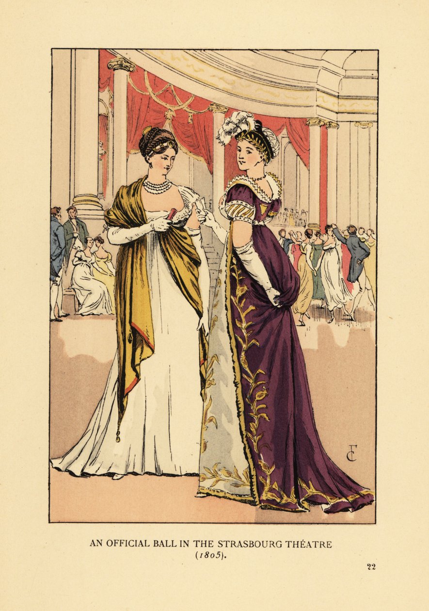 Donne alla moda in abiti da ballo e turbanti a teatro. Un ballo ufficiale al Teatro di Strasburgo da François Courboin
