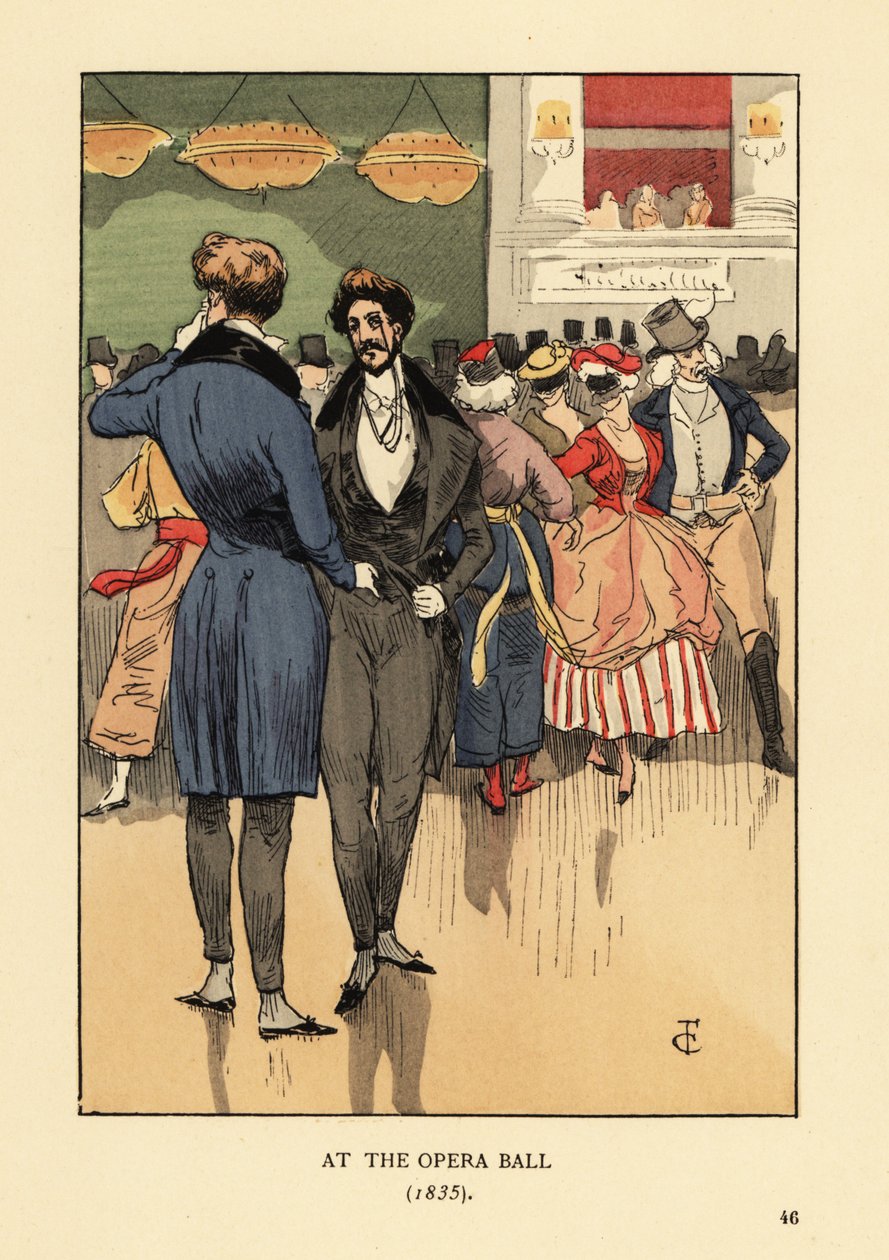 Dandy in cappotto con code, gilet, pantaloni stretti e calze bianche. Persone in costume e maschere dietro di loro. Al Ballo dell