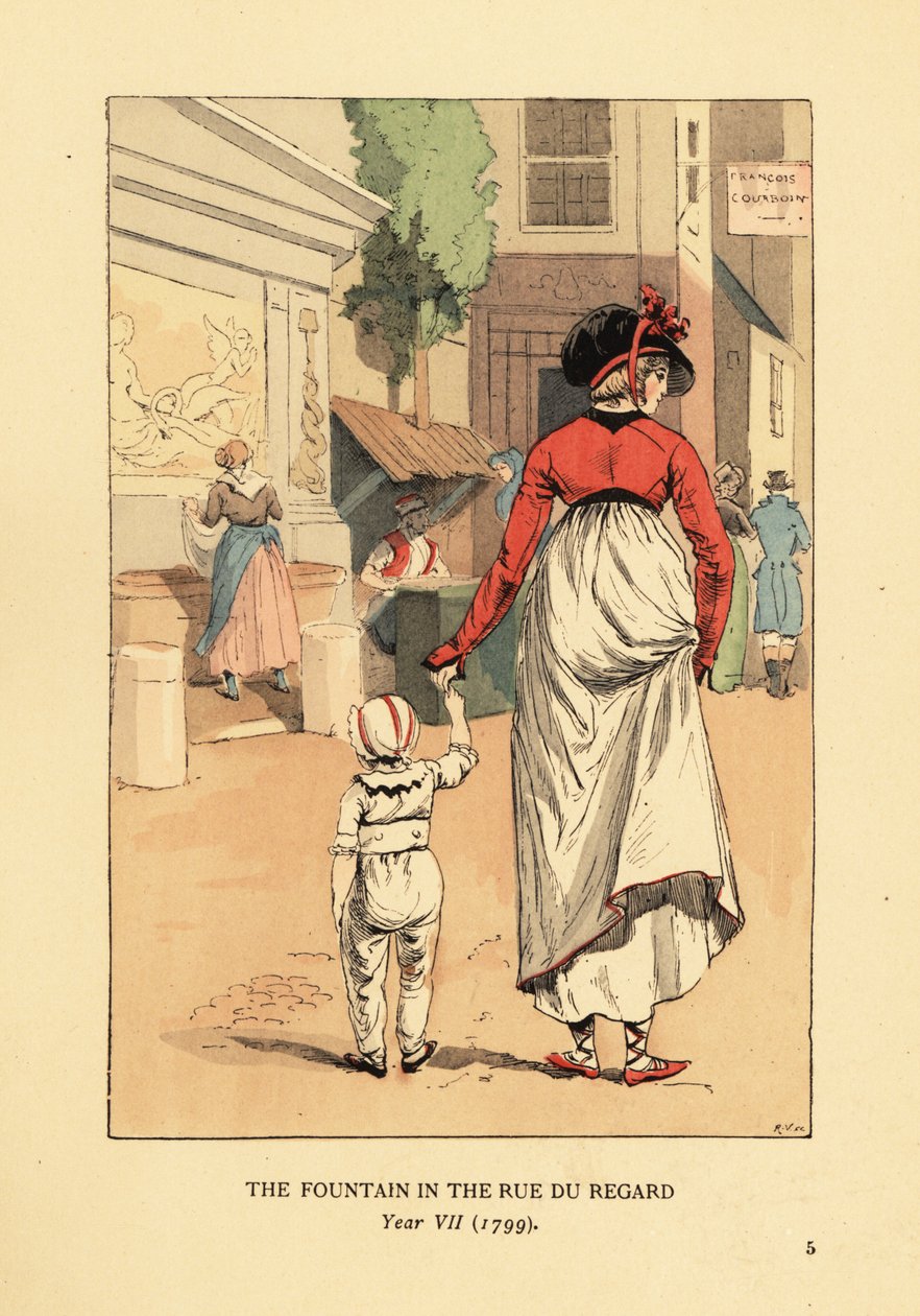 Donna e bambino davanti alla Fontana di Leda, Fontaine de Leda, in Rue du Regard, Parigi, Anno VII da François Courboin