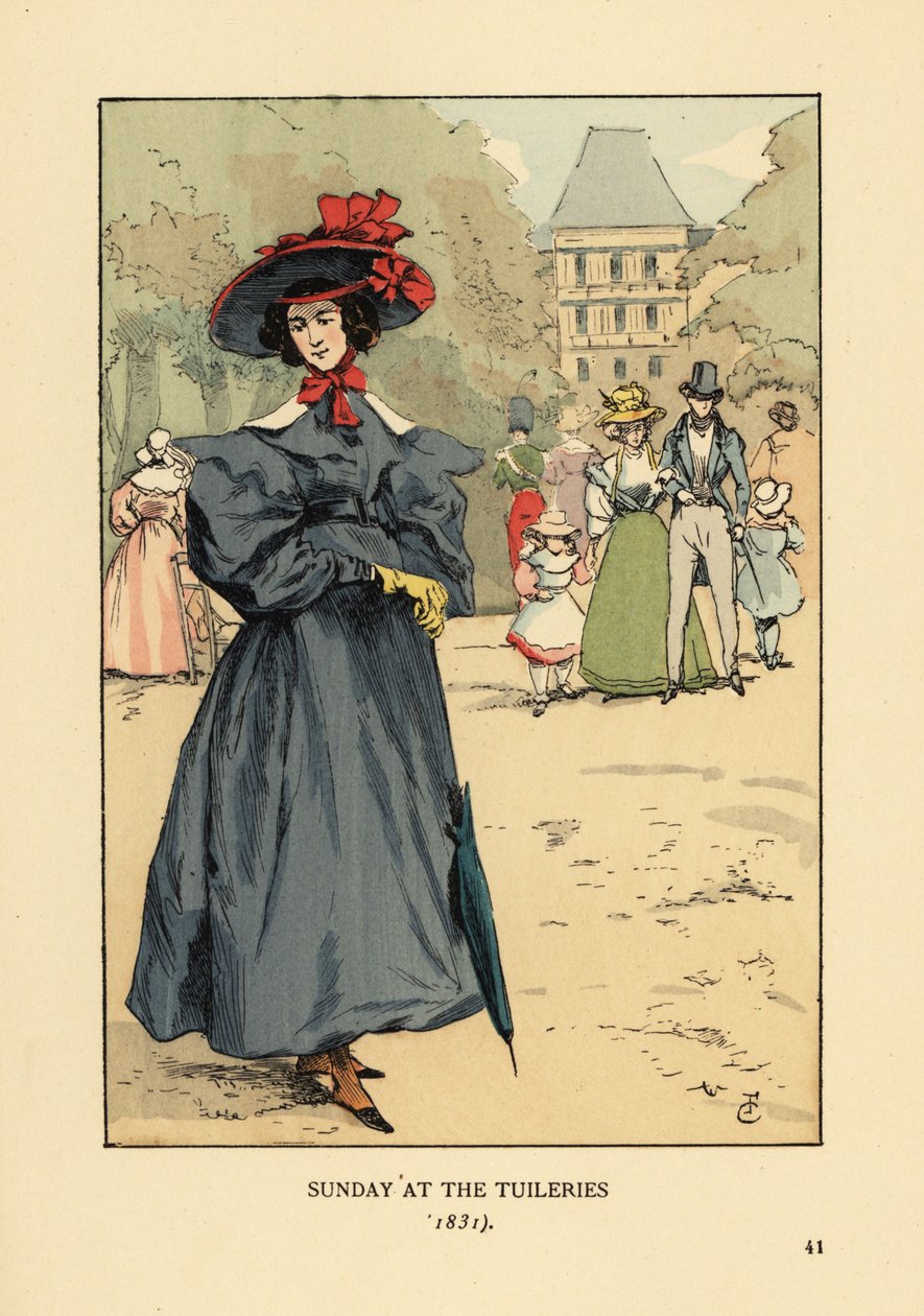 Donna che passeggia in abito della domenica nel parco. Indossa un cappello a tesa larga, un vestito con maniche ampie, stivaletti alla caviglia e porta un parasole. Domenica ai Giardini delle Tuileries da François Courboin