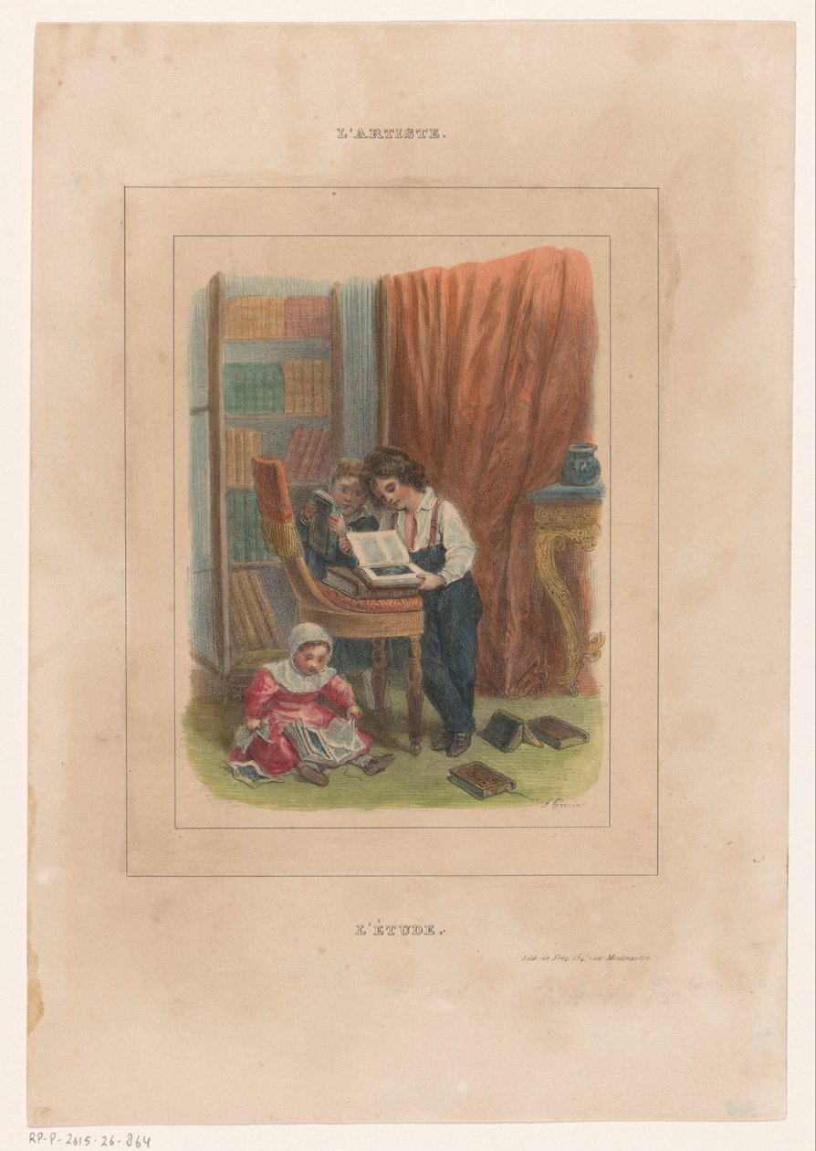 Tre bambini che guardano i libri da François Grenier