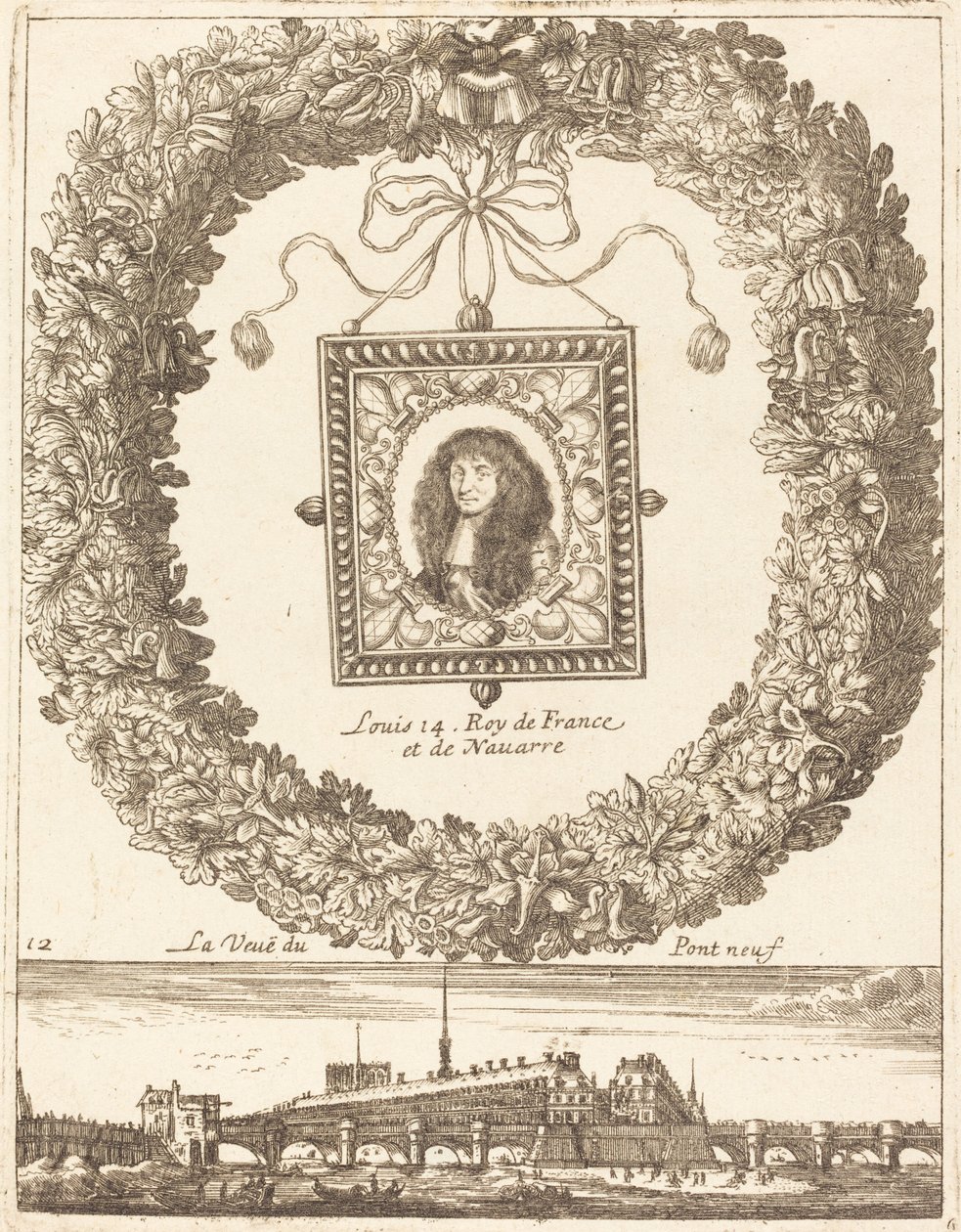 La vista del Pont Neuf; Luigi XIV Re di Francia e di Navarra da François Le Febvre