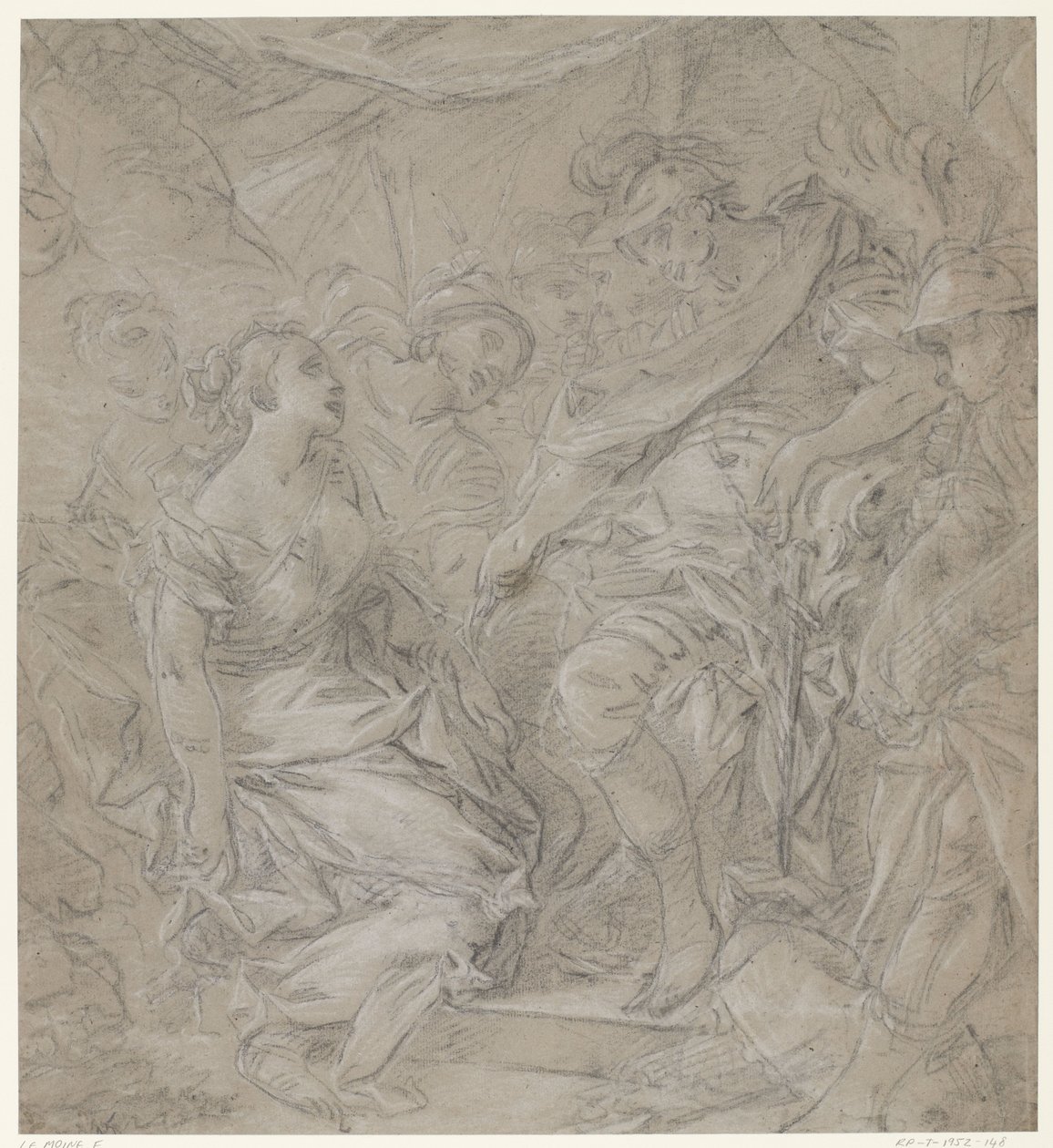 Giovane donna inginocchiata davanti a un condottiero nella sua tenda (Scipione?) da François Le Moine (manner of)