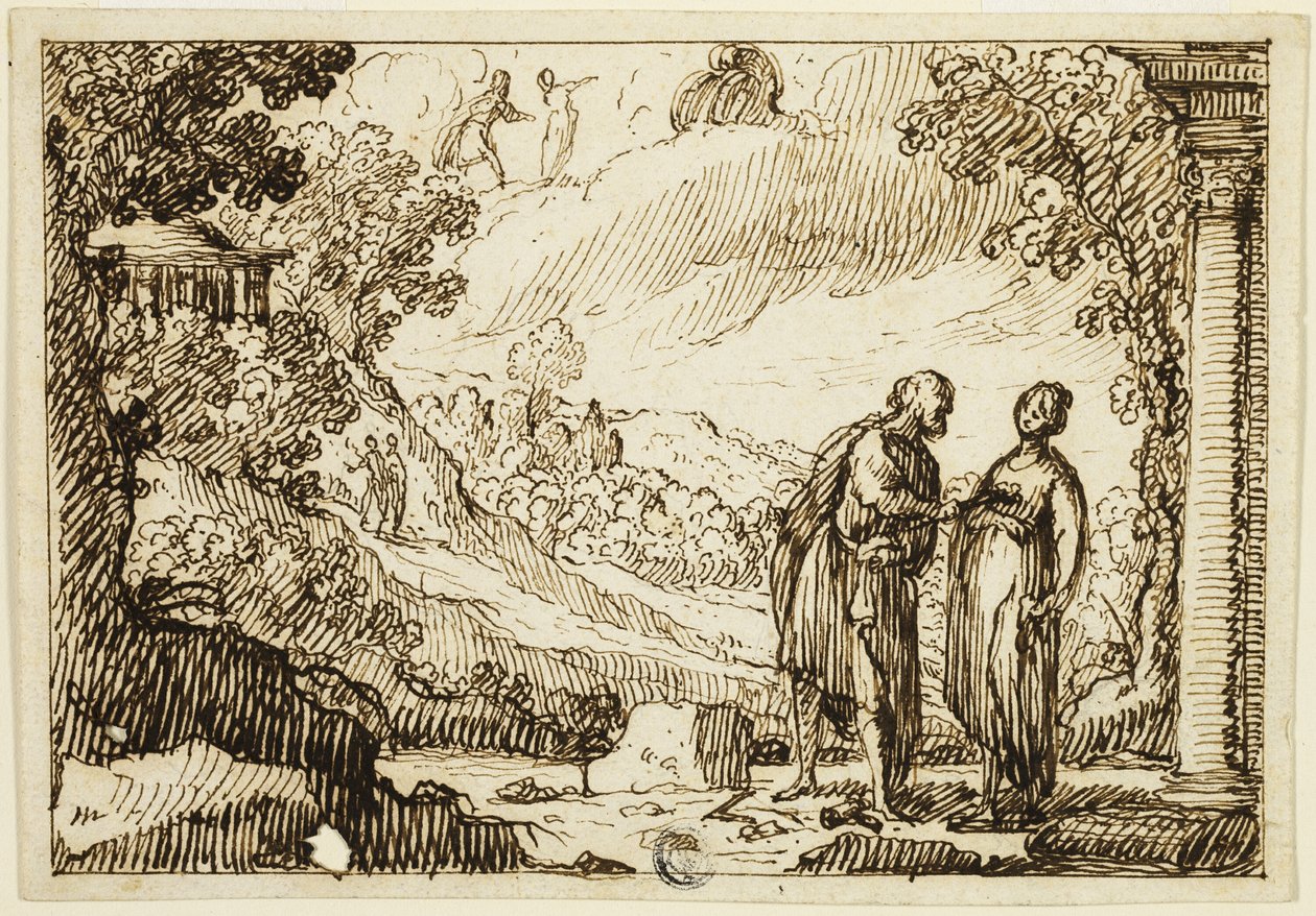 Scena mitologica non identificata con uomo e donna che conversano in un paesaggio classico da François Roëttiers