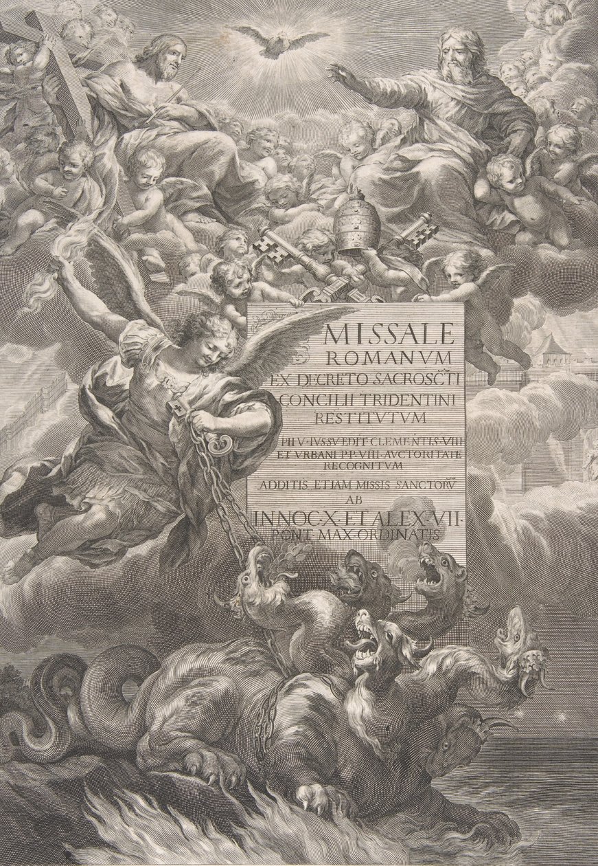 La Santissima Trinità con San Michele che sconfigge un drago a sei teste, frontespizio di... da François Spierre