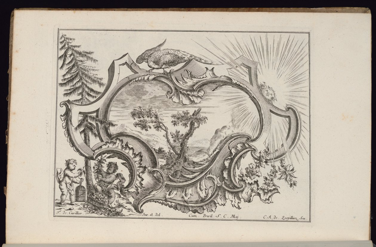 Cartiglio con uccello e sole, Livre de Cartouches Irréguliers (Libro di cartigli irregolari) da François de Cuvilliés the Elder