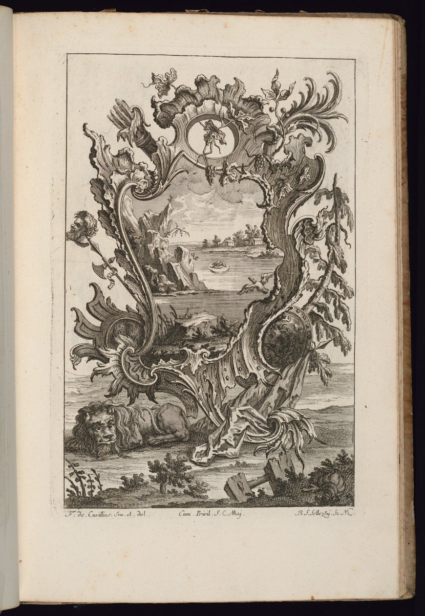 Cartiglio con carquois e leone, Livre de Cartouches Irréguliers (Libro di cartigli irregolari) da François de Cuvilliés the Elder