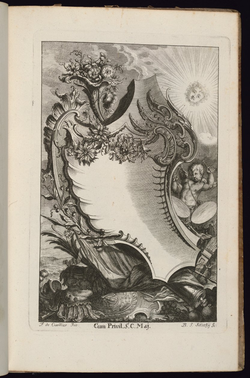 Cartouche con Cornucopia e Sole, Livre de Cartouches Irréguliers da François de Cuvilliés the Elder