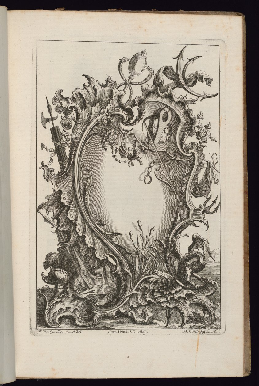 Cartouche con il bastone di Mercurio, Livre de Cartouches Irréguliers da François de Cuvilliés the Elder