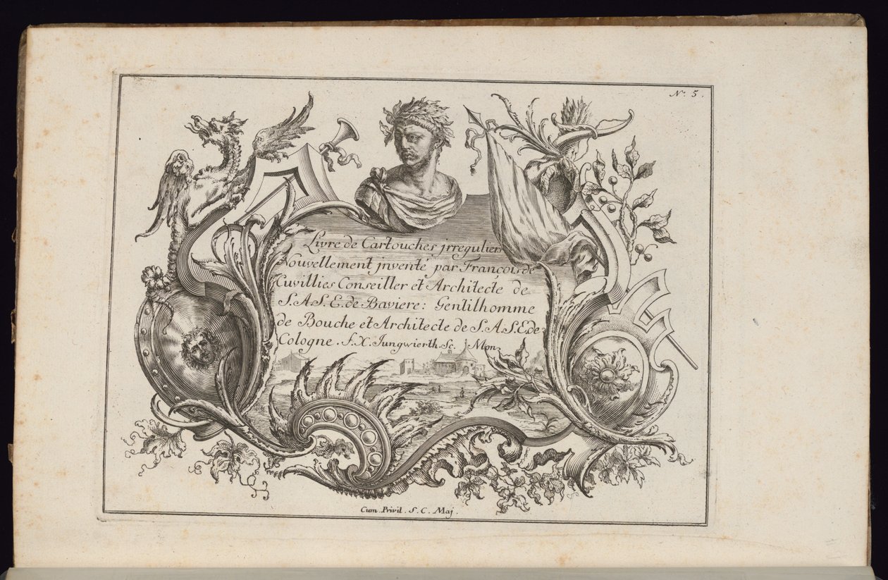 Cartouche con busto ritratto, libro di cartouches irregolari da François de Cuvilliés the Elder