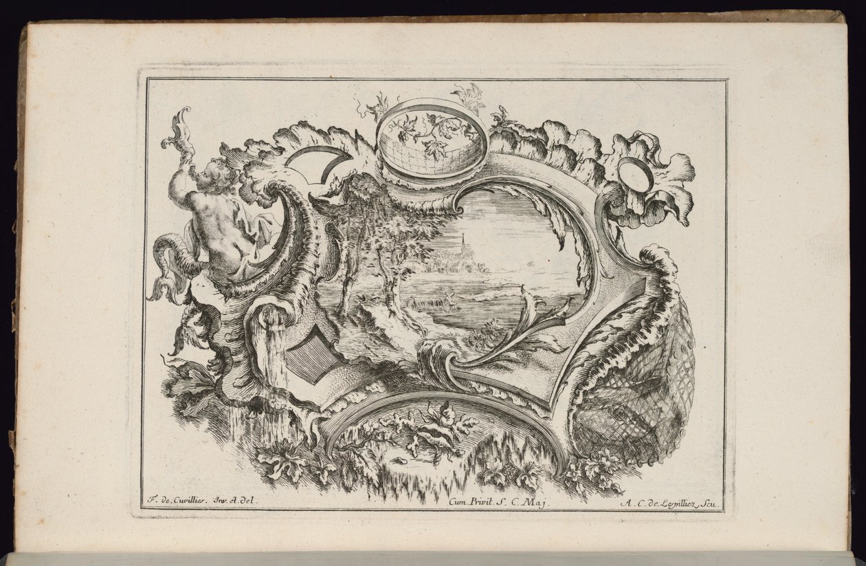 Cartiglio con putto che soffia una conchiglia, Livre de Cartouches Irréguliers (Libro di cartigli irregolari) da François de Cuvilliés the Elder