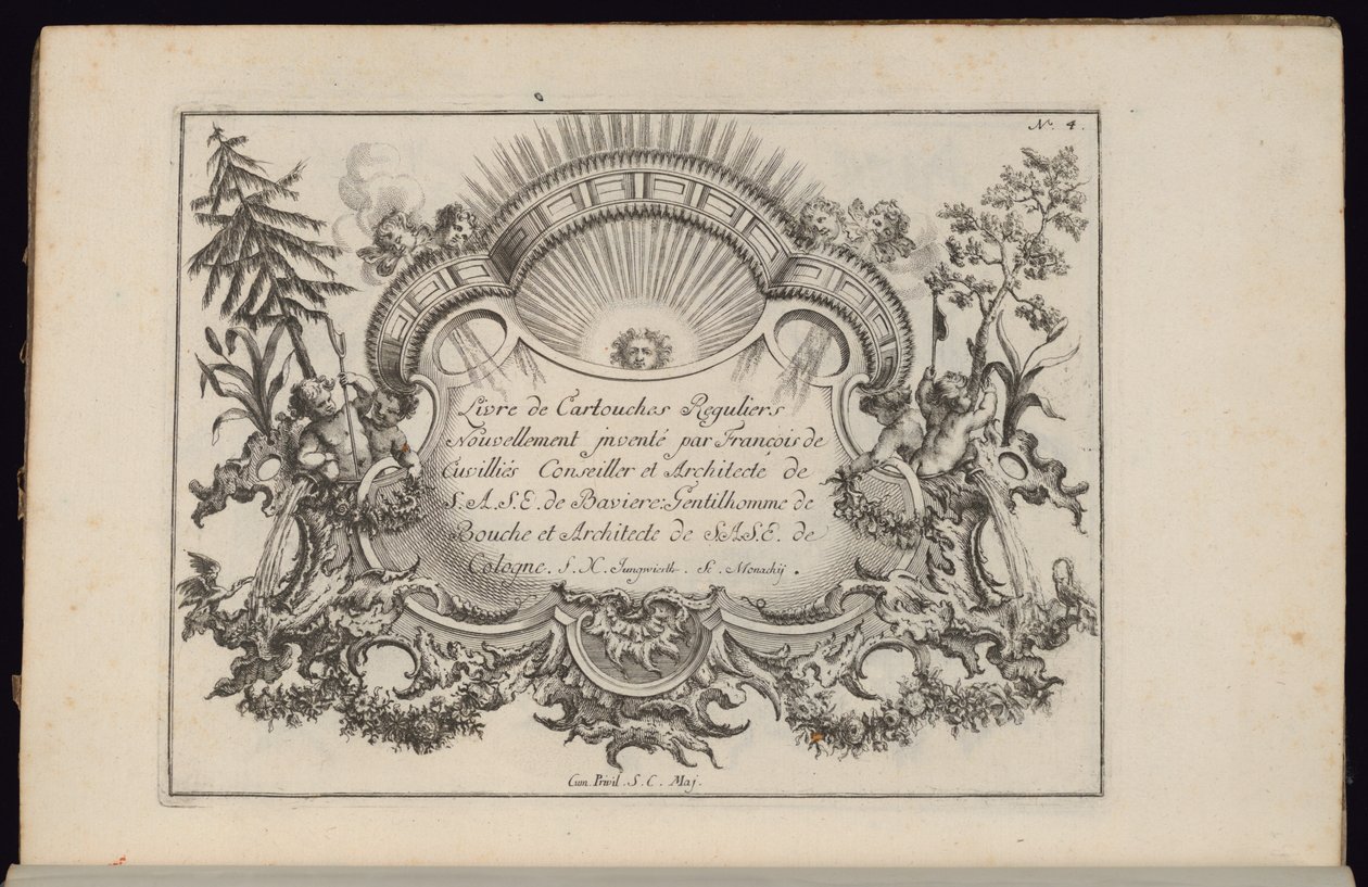 Cartiglio con sole e quattro venti, Livre de Cartouches Reguliers (Libro dei Cartigli Regolari) da François de Cuvilliés the Elder