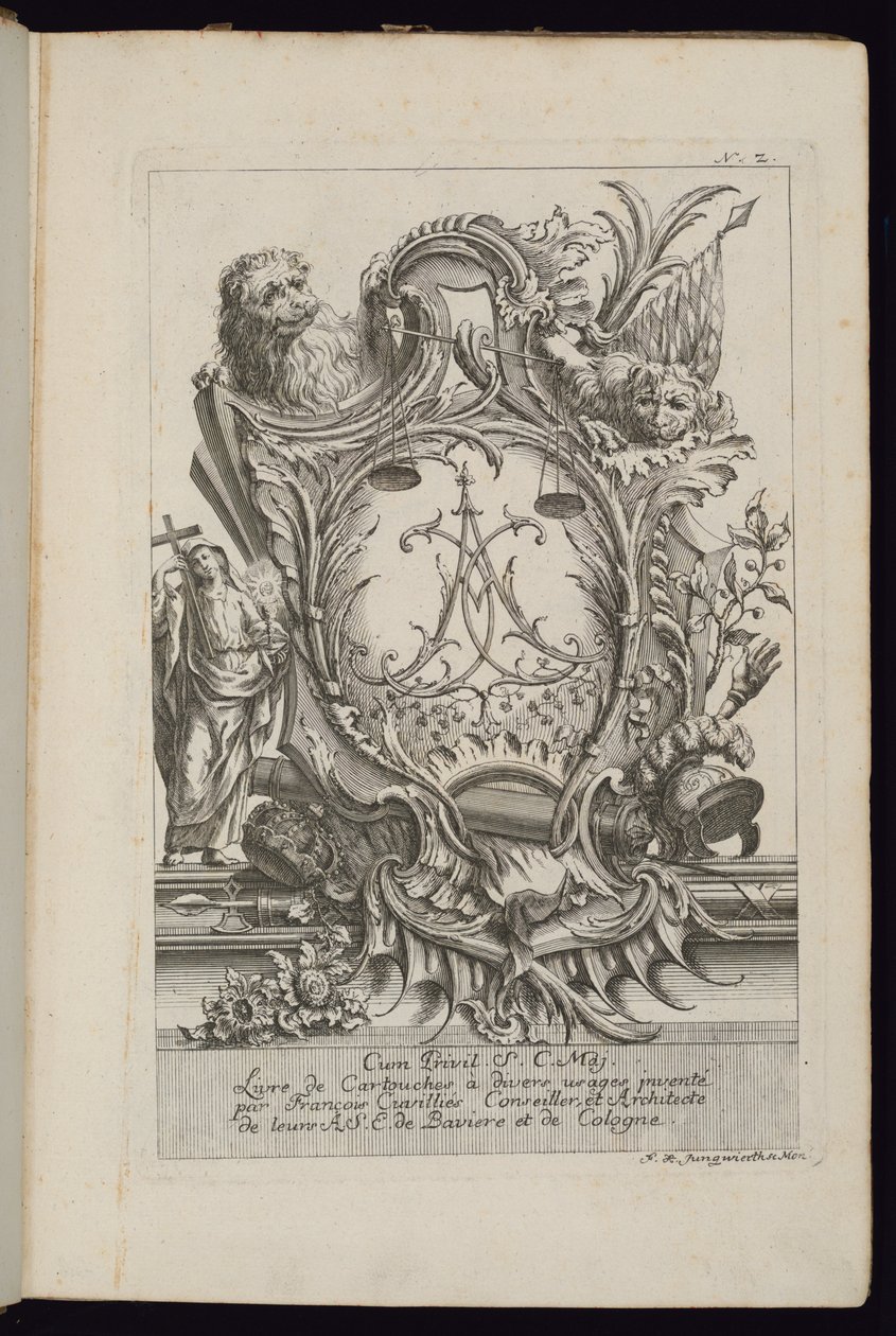 Cartiglio con due leoni e un cifrario, Livre de Cartouches à divers usages (Libro di cartigli per diversi usi) da François de Cuvilliés the Elder