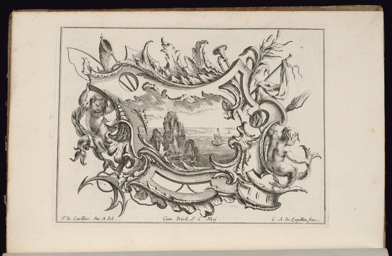 Cartiglio con Giovani Tritoni, Livre de Cartouches Irréguliers (Libro di Cartigli Irregolari) da François de Cuvilliés the Elder