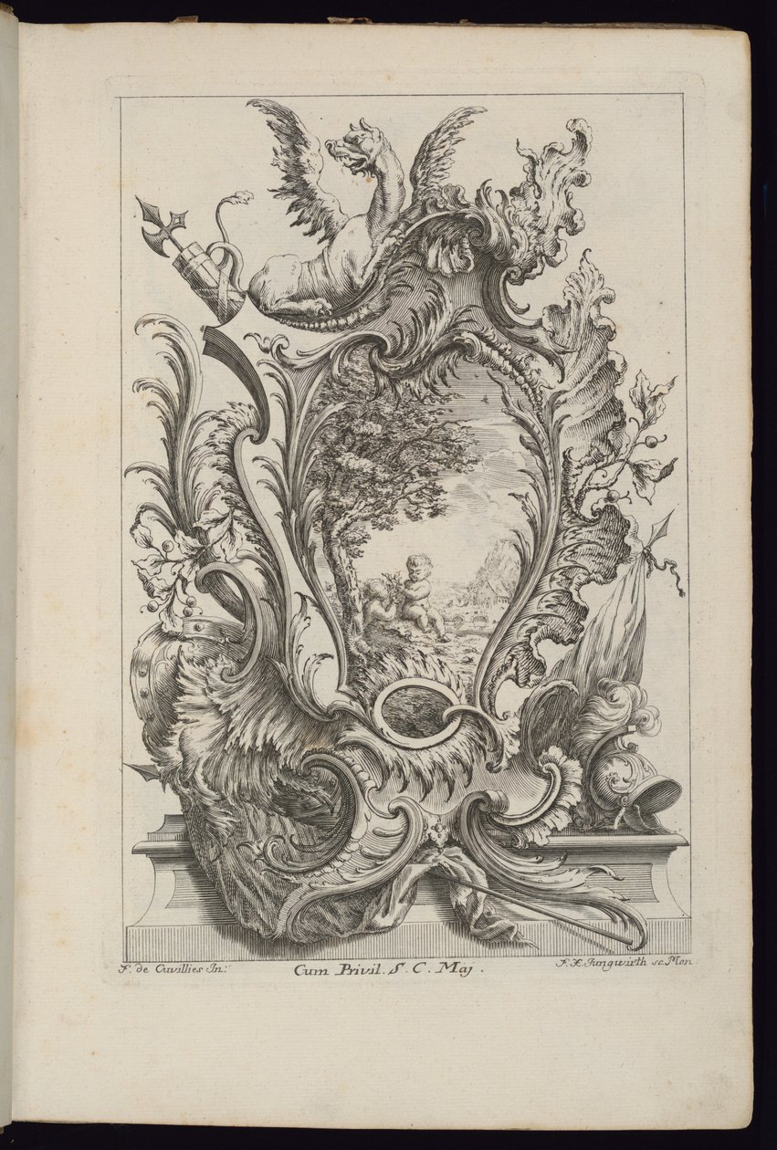 Cartiglio con un drago e trofeo araldico, Livre de Cartouches à divers usages (Libro di cartigli per diversi usi) da François de Cuvilliés the Elder